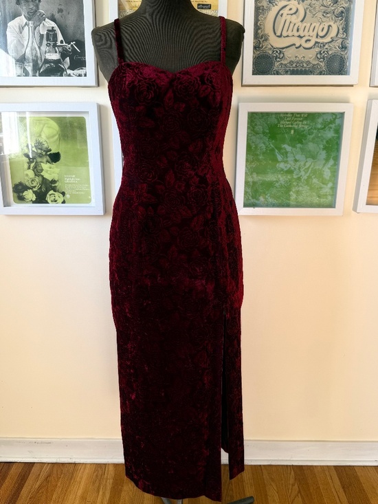 Vintage Dresses & Skirts - 🍷 Vintage 90s Burgundy Crushed Velvet Rose Maxi Dress – Romantic Goth Slip